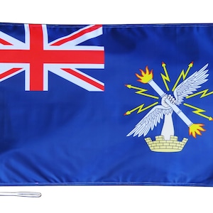 May include: A blue flag with a Union Jack in the top left corner and a white winged figure holding a torch with lightning bolts on a yellow background in the bottom right corner.