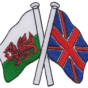 May include: A red dragon on a green and white flag crossed with a blue and red Union Jack flag.