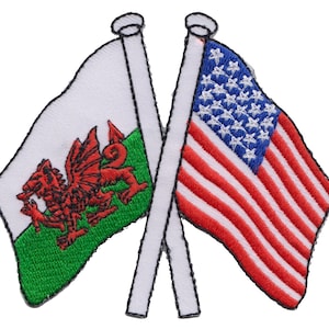 May include: A red dragon on a green and white flag is crossed with the American flag, both flags are on white poles.