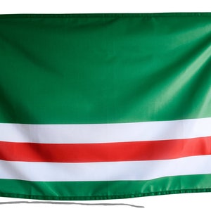 May include: A green flag with two white stripes and a red stripe in the center.