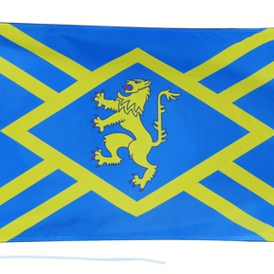 May include: A blue flag with a yellow lion in the center and yellow diagonal stripes. The flag is on a white pole.