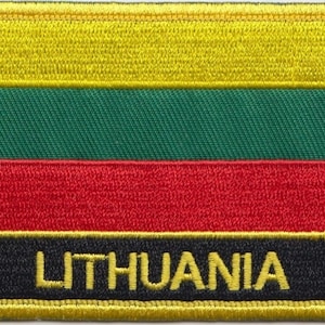 May include: An embroidered patch featuring the colours of the Lithuanian flag, yellow, green, red and black, with the word "LITHUANIA" in yellow lettering.