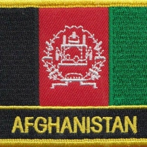 May include: A black, red, and green embroidered patch with a white emblem and the word "AFGHANISTAN" in yellow.