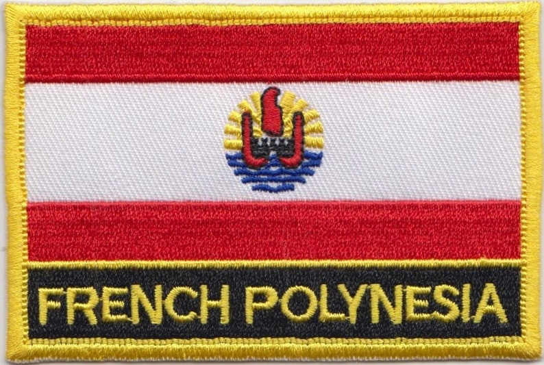 May include: A yellow, red, and white embroidered patch with the text "FRENCH POLYNESIA" in black letters on a black background. The patch features the flag of French Polynesia.