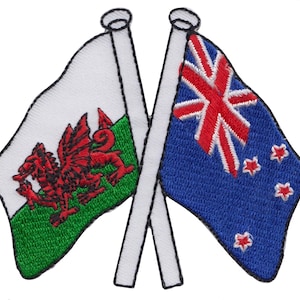May include: Two flags crossed on white poles. The flag on the left is the flag of Wales, with a red dragon on a green and white background. The flag on the right is the flag of New Zealand, with a blue background, a red Union Jack in the upper left corner, and four red stars in the lower right corner.