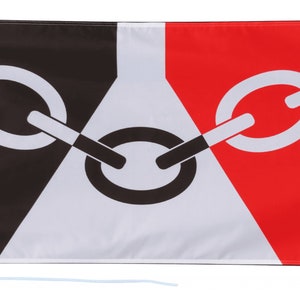 May include: A black, white and red flag with a white chain design. The chain is made up of three interlocking rings.