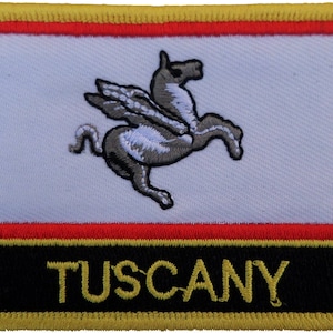 May include: A gold embroidered patch with a white background, a red and yellow border, and a black stripe with the word "TUSCANY" in yellow lettering. The patch features a gray winged horse in the center.