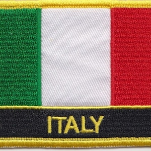 May include: A green, white, and red embroidered patch with a yellow border and the word "ITALY" in yellow lettering on a black background.