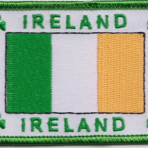 May include: Green, white and orange embroidered patch with the word "IRELAND" above and below the flag. The patch is surrounded by a green border.