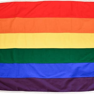 May include: A rectangular flag with horizontal stripes in the colors of the rainbow: red, orange, yellow, green, blue, and purple. The flag has a white border along the left edge with two grommets. The flag is made of a smooth, slightly shiny fabric.