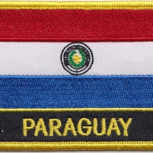 May include: Embroidered patch depicting the flag of Paraguay. The flag design features horizontal stripes of red, white, and blue, with a central emblem. The word "PARAGUAY" is embroidered in gold on a black band.