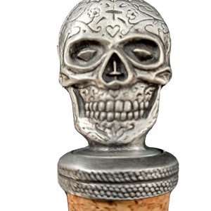 Sugar Skull Head Pewter Bottle Stopper - Hand Made in The United Kingdom