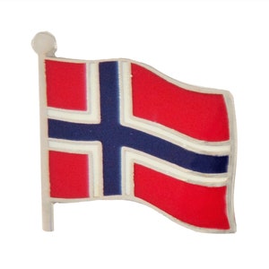 May include: A small, metal pin featuring the flag of Norway. The flag is red with a blue cross and white trim.