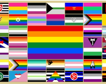 May include: A colorful flag with many different stripes and symbols representing various LGBTQ+ identities. The flag is made up of a grid of smaller flags, each with its own unique design. The flags are arranged in a grid pattern, with the rainbow pride flag in the center.