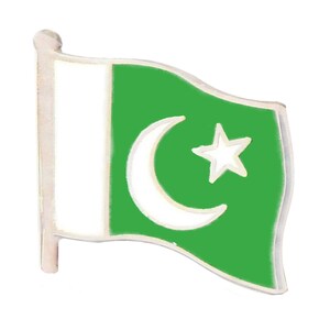 May include: A green and white enamel pin featuring the flag of Pakistan. The flag has a white crescent moon and a white five-pointed star on a green background.