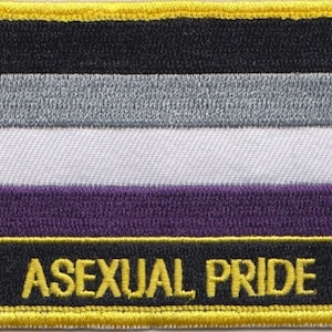 May include: An asexual pride flag patch with black, grey, white, purple and yellow stripes. The patch has a yellow border and the words "Asexual Pride" in yellow text.