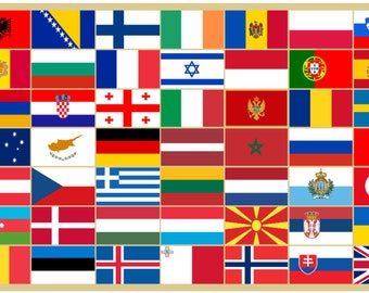 Könnte beinhalten: Eine bunte Karte mit Flaggen verschiedener europäischer Länder. Die Flaggen sind in einem Raster angeordnet, wobei jede Flagge ein anderes Land repräsentiert. Die Flaggen sind alle rechteckig und auf einem weißen Hintergrund dargestellt.