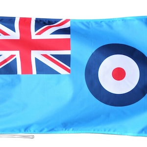 May include: A blue flag with a red, white, and blue Union Jack in the upper left corner and a red, white, and blue roundel in the right half of the flag.