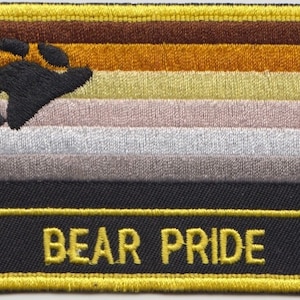 Può includere: Una toppa con bordo giallo con un'impronta di zampa d'orso nera su uno sfondo a strisce multicolore. Le strisce sono marroni, arancioni, gialle, rosa, grigie e nere. Il testo "BEAR PRIDE" è scritto in giallo su sfondo nero.