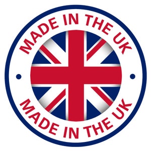 May include: A white circle with a blue border and the text "Made in the UK" around the outside. Inside the circle is a red, white, and blue Union Jack flag.