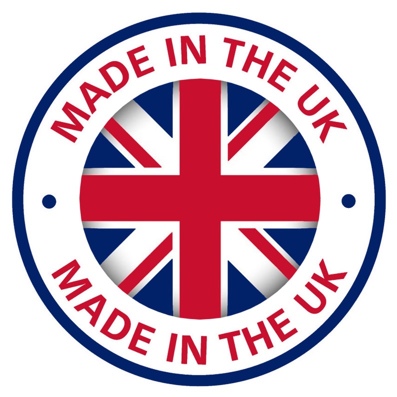 May include: A white circle with a blue border and the text "Made in the UK" around the outside. Inside the circle is a red, white, and blue Union Jack flag.
