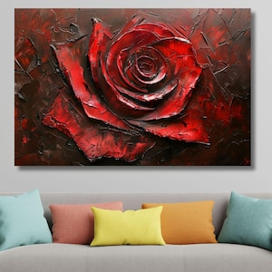 Pintura al óleo de rosa roja sobre lienzo, arte de pared de rosa roja, pintura de rosa roja en la rama, impresión de rosa roja, panel de rosa, póster de rosa, decoración de pared de verano
