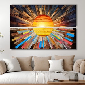 Set Of 2 Panoramic sunrise and sunset Wood Wall Art Above Bed Decor Canvas Wooden Long Sunshine Bedroom Wall hanging setting sun rising sun