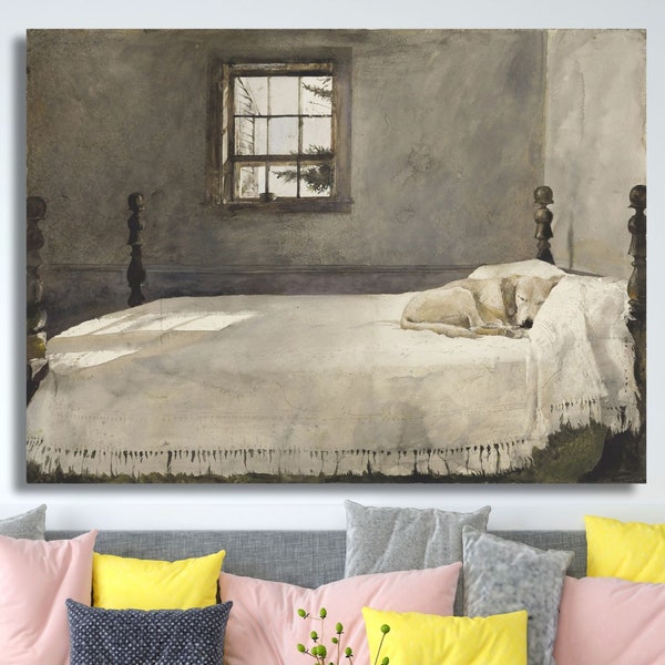 CANVAS WALL DESIGN Master Bedroom Andrew Wyeth Dog Sleeping in Bed Giclee Poster Art Print,Andrew Wyeth Painting Canvas Mother's Day Gift