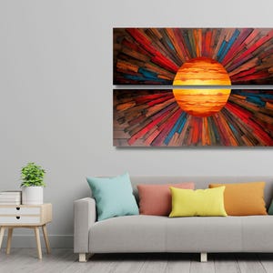 Set Of 2 Panoramic Sunrise and Sunset Wood Wall Art Above Bed Decor Canvas Wooden Long Sunshine Bedroom Wall hanging setting sun rising sun