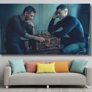 Cristiano Ronaldo Lionel Messi Poster,Ronaldo Messi World Cup Chess signed, Game Room Wall Art Minimalist Football Design Summer Wall Decor