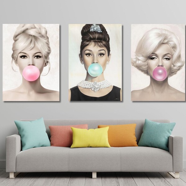 3er-Set Leinwandkunst Marilyn Monroe, Audrey Hepburn Bubble Gum Pop Art, schickes, fertig zum Aufhängen, Leinwanddruck, Muttertagsgeschenk