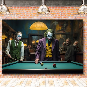 Impresión en lienzo de Jokers jugando al billar para colgar en la pared, arte en lienzo, regalo de inauguración de la casa, ideas de diseño de interiores, arte famoso del Joker, decoración de pared de verano