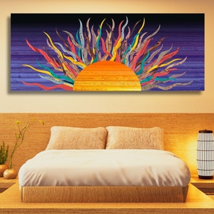 CANVAS WALL DESIGN Panoramic Sunrise Wood Wall Art Above Bed Decor Canvas Wooden Long Sunshine Bedroom Wall hanging setting sun rising sun