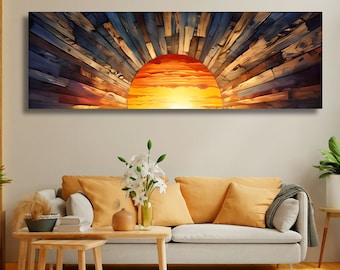 CANVAS WALL DESIGN Panoramic Sunrise Wood Wall Art Above Bed Decor Canvas Wooden Long Sunshine Bedroom Wall hanging setting sun rising sun