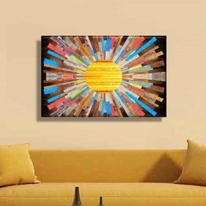 CANVAS WALL DESIGN Full Sun Beams Wall Art Canvas Sunrise Wooden Art Colorful Sunshine Bedroom Wall hanging setting sun rising Living Room
