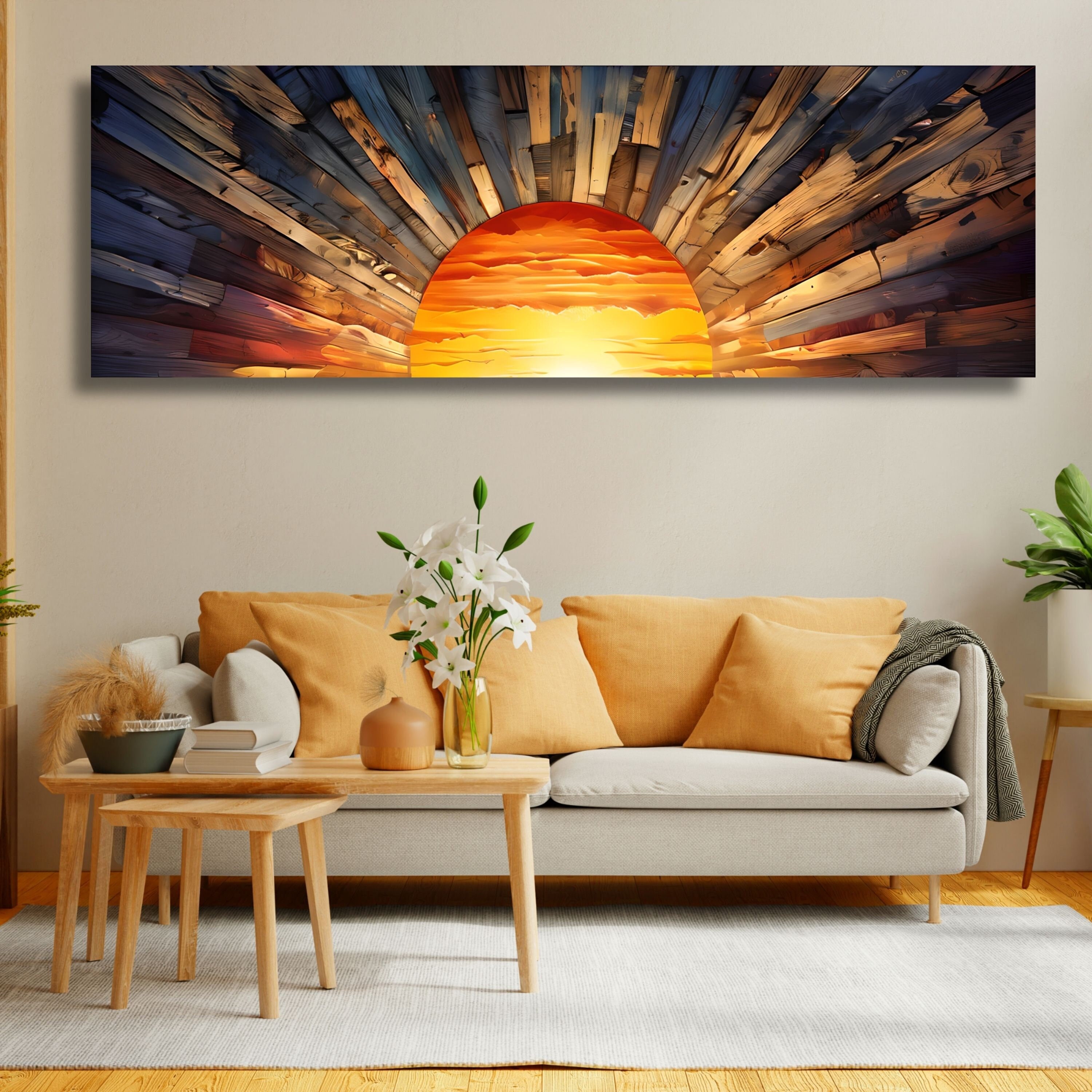 Panoramic Sunrise Wood Wall Art Above Bed Decor Canvas Wooden Long Sunshine Bedroom Wall hanging setting sun rising sun Christmas Gift