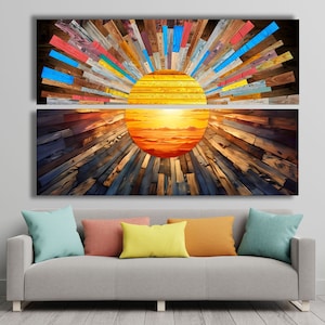 Set Of 2 Panoramic Sunrise and Sunset Wood Wall Art Above Bed Decor Canvas Wooden Long Sunshine Bedroom Wall hanging setting sun rising sun