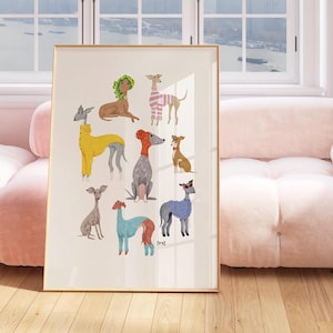 Italian Greyhounds | Funky Iggies in funky outfits | 8&quot;x10&quot; Print | Handmade illustration of Italian Greyhounds & Whippets
