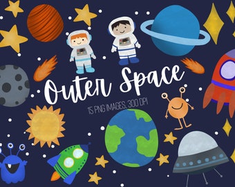 Outer Space Clipart Bundle, Watercolor, Aliens, Planets, Astronauts, PNG Clipart, Space, Galaxy Kids