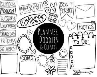 Hand Drawn Planner Doodle Clipart Elements, Instant Download, PNG Clipart