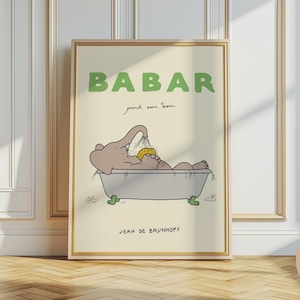 Babar the elephant prend le bain nursery wall art retro kids decor quote wall art genre neutral baby wall art illustration nursery print