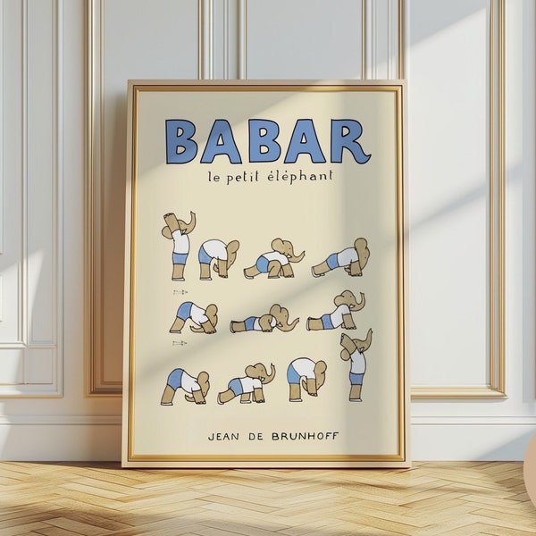 Babar the elephant doing yoga sun salutation nursery wall art nursery decor kids gift retro wall art illustration print gender neutral baby