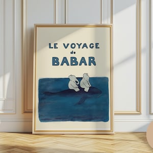 Babar l'éléphant naviguant sur une baleine, art mural pour chambre d'enfant, déco rétro pour enfants, citation d'art mural, art mural neutre pour bébé, toile pour chambre d'enfant, impressions garçon