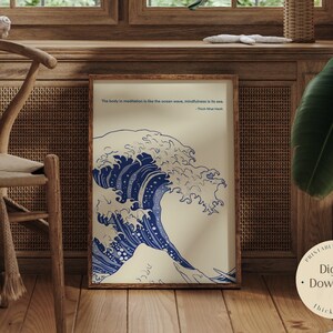 Thick nhat hanh blue line ocean waves print, uplifting quote wall art printable waves poster digital download sea waves ocean art