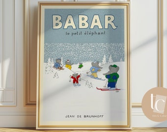 Babar the elephant va skier ski nursery wall art retro kids decor quote wall art genre neutral baby wall art illustration nursery print