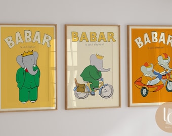 Babar Elephant Art Prints, Retro Kids Nursery Decor