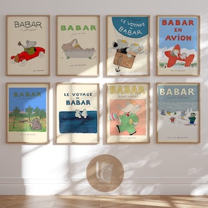Babar el elefante, conjunto de 8, Le Voyag de Babar, arte de pared para guardería, decoración infantil retro, arte de pared para bebé neutro, ilustración, impresión para guardería
