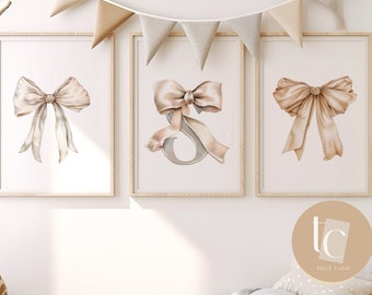 Baby Initial A-Z Watercolor Nursery Vintage Bow canvas Print, Bow Ribbon Wall Art, Nursery Prints Girl Baby decor canvas print