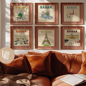 Babar the elephant set of 6 le voyag de Babar nursery wall art retro kids decor wall art neutral baby wall art illustration nursery print