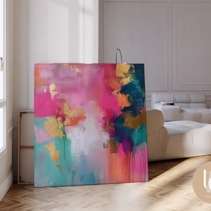 鮮やかなピンクのティールの鮮やかでカラフルな抽象プリント、ファンキーなマルチカラーの抽象アート、モダンな壁アートの抽象アートプリント